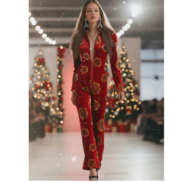 oyrosy Pants - Oyrosy Elegant Red Floral Rose Velvet Zip up Long Sleeve Retro Jumpsuit M